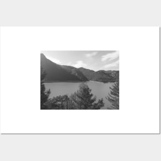 Landscape lake view and hills - Black and white photography Posters and Art